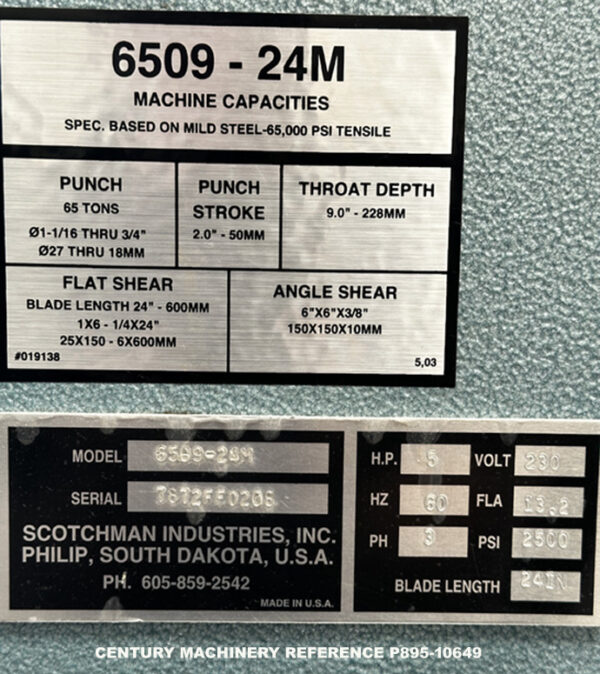 Scotchman 65T Hydraulic Ironworker Model 6509-24M with Shear 24", Angle Shear 6" x 6", Press Brake, Angle Brake Notcher, Rod Shear, plus much much more, Like New Very Little Use if Any, 10649-32, ID TG