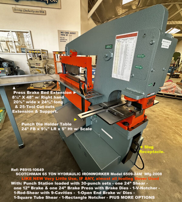 Scotchman 65T Hydraulic Ironworker Model 6509-24M with Shear 24", Angle Shear 6" x 6", Press Brake, Angle Brake Notcher, Rod Shear, plus much much more, Like New Very Little Use if Any, 10649-5, PUNCH-LS