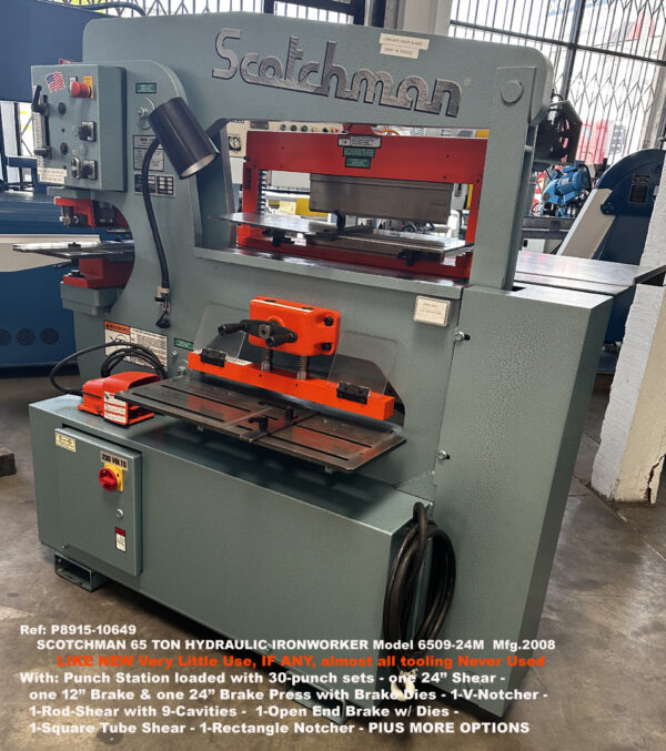 Scotchman 65T Hydraulic Ironworker Model 6509-24M with Shear 24", Angle Shear 6" x 6", Press Brake, Angle Brake Notcher, Rod Shear, plus much much more, Like New Very Little Use if Any, 10649-6, F-LS