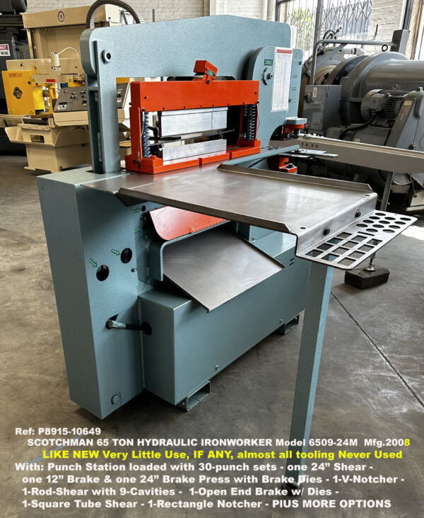 Scotchman 65T Hydraulic Ironworker Model 6509-24M with Shear 24", Angle Shear 6" x 6", Press Brake, Angle Brake Notcher, Rod Shear, plus much much more, Like New Very Little Use if Any, 10649-8, LS-R TABLE EXT