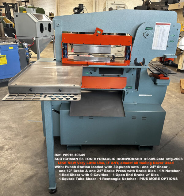 Scotchman 65T Hydraulic Ironworker Model 6509-24M with Shear 24", Angle Shear 6" x 6", Press Brake, Angle Brake Notcher, Rod Shear, plus much much more, Like New Very Little Use if Any, 10649-9, REAR BRAKE & SHEAR