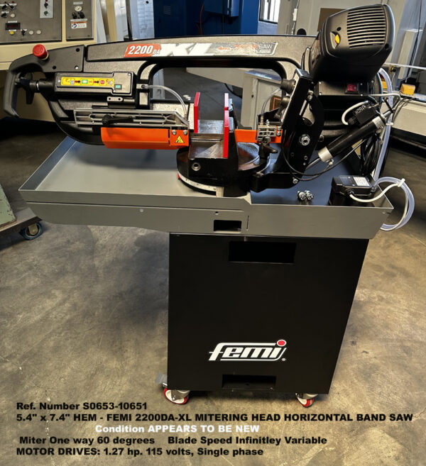 NEW, Hem Femi, Model 2200DA-XL, Mitering Head Horizontal Band-Saw, 5.4-inch width x 7.4 inch, 6.9-inch Round, Miter Cut up to 60 degrees, Motor 2.7-hp, 115 volts, Single Phase, Serial 8.48.7007, Front view. Ref. 10651-1