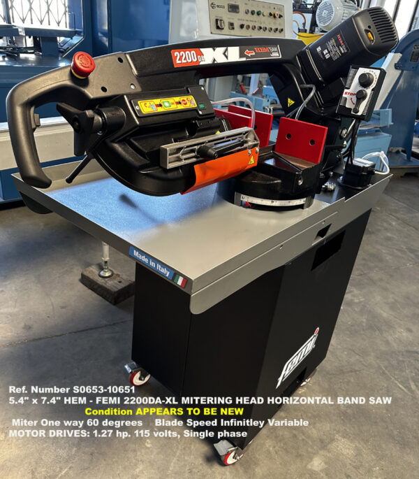 NEW, Hem Femi, Model 2200DA-XL, Mitering Head Horizontal Band-Saw, 5.4-inch width x 7.4 inch, 6.9-inch Round, Miter Cut up to 60 degrees, Motor 2.7-hp, 115 volts, Single Phase, Serial 8.48.7007, Left-Front view. Ref. 10651-2