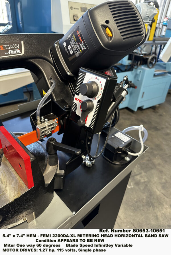 NEW, Hem Femi, Model 2200DA-XL, Mitering Head Horizontal Band-Saw, 5.4-inch width x 7.4 inch, 6.9-inch Round, Miter Cut up to 60 degrees, Motor 2.7-hp, 115 volts, Single Phase, Serial 8.48.7007, Close-up Control, Ref. 10651-5