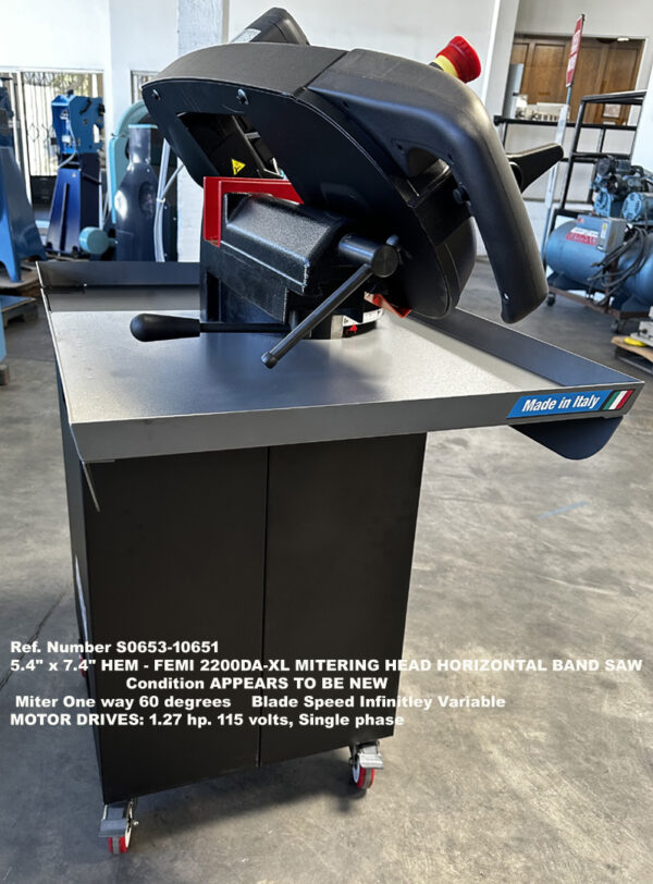 NEW, Hem Femi, Model 2200DA-XL, Mitering Head Horizontal Band-Saw, 5.4-inch width x 7.4 inch, 6.9-inch Round, Miter Cut up to 60 degrees, Motor 2.7-hp, 115 volts, Single Phase, Serial 8.48.7007, Right End, Ref. 10651-7