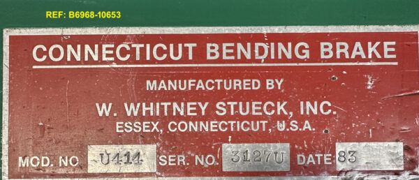 Connecticut Whitney Stueck 48 inch x 14 gauge Box & Pan Finger Brake, Model U41, Sn 31327U, ID Tag, Ref 10653-7