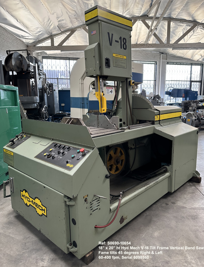 18 inch x 20 inch height Hyd Mech V-18 Tilt Frame Vertical Band Saw, Tilts 45 deg L-R, Blade Speed 65-385 fpm, Sn 6098560, 10654-1, Front view