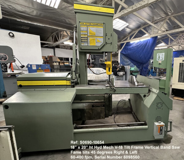 18 inch x 20 inch height Hyd Mech V-18 Tilt Frame Vertical Band Saw, Tilts 45 deg L-R, Blade Speed 65-385 fpm, Sn 6098560, 10654-8 , Left side view
