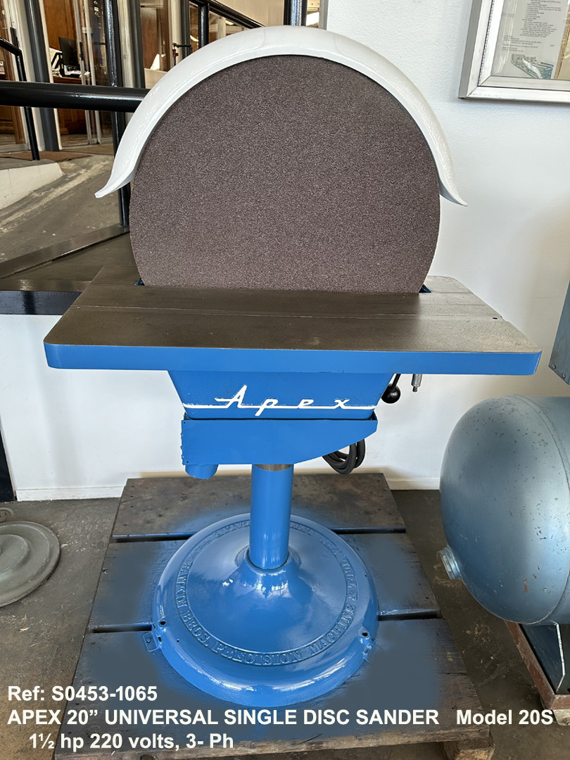 Apex 20 inch Single Disc Sander and Grinder, Model 20S with Tilting Table, Direct drive 1.5 hp motor, Serial Number 2499-Motor-F982, Front, Reference 10655-1