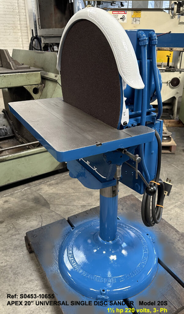 Apex 20 inch Single Disc Sander and Grinder, Model 20S with Tilting Table, Direct drive 1.5 hp motor, Serial Number 2499-Motor-F982, Right side view, Reference 10655-2