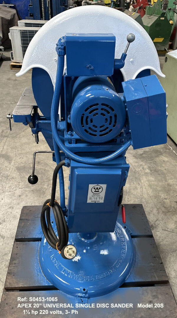 Apex 20 inch Single Disc Sander and Grinder, Model 20S with Tilting Table, Direct drive 1.5 hp motor, Serial Number 2499-Motor-F982, Rear view, Reference 10655-3