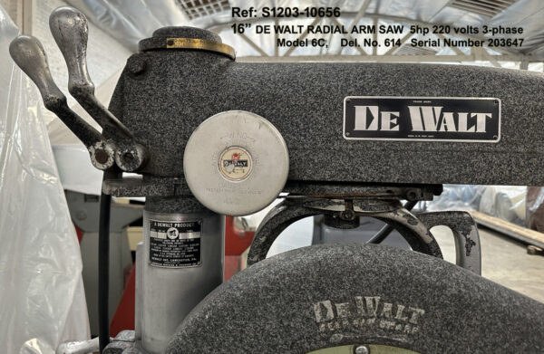 Dewalt Radial Arm Saw, 16 inch diameter blade, Model 6C, Right Hand Rip 7 inch Left Hand Rip 23 inch, 5 hp, Del Ho 614S, Serial 203647, Close up Left side Arm with Head Pull Back, Ref 10656-4