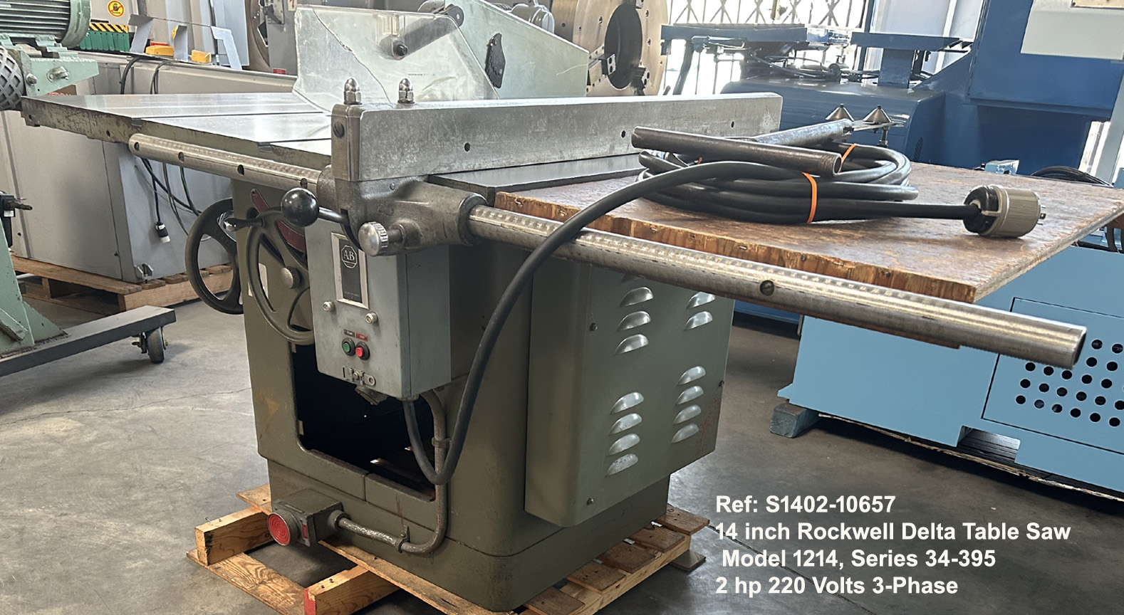 14 inch Table Saw Rockwell Delta, Model 1214, Series 34-395, 2 hp 220 v, 3 Phase, Serial Number 16-3325,, Right side to Front view, Ref: 10657-1