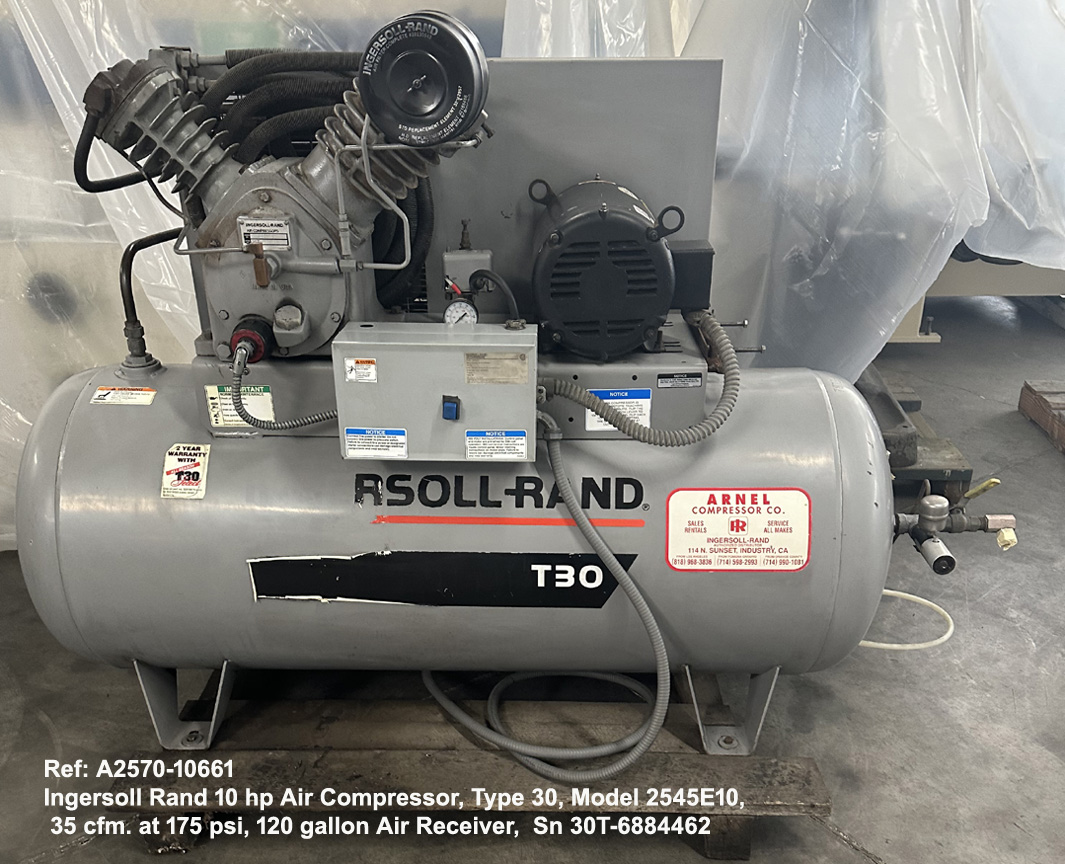 10 hp used Ingersoll Rand Air Compressor Model 2545E10, Type 30, 35 cfm at 175 psi, 120 gallon Air Receiver, Serial Number 30T-6884462, view Front Reference 10661-1