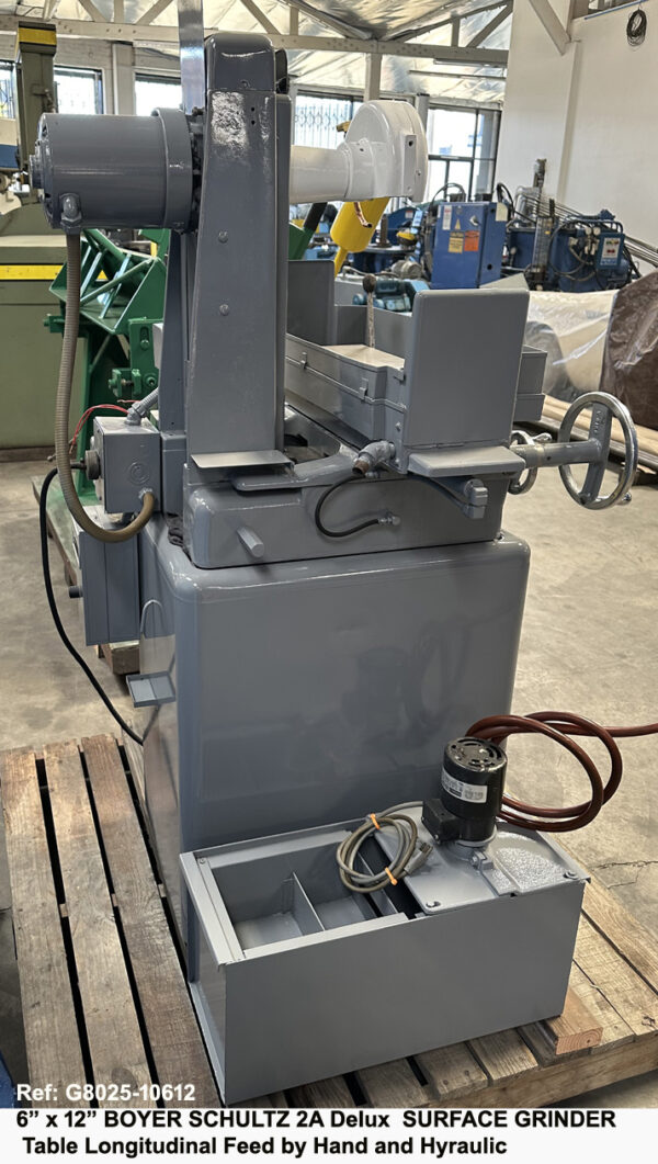 6" x 12" used Surface Grinder Boyer Shultz 2A Deluxe, Table Longitudinal Feed Hand and Hydraulic, Sn HY5929-2, Ref: 10612-4, View Rear to Left Side