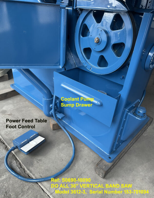 36 inch Doall #3612-3 Vertical Band Saw, Ht under Guide 13 inch, Vari Speed 25-6,000 fpm, Power Feed Tilting Table, 3 hp, Sn153-701094, Ref 10090-10, Table Foot Control an Lower Band Wheel
