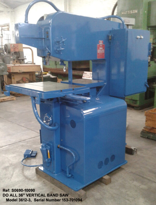 36 inch Doall #3612-3 Vertical Band Saw, Ht under Guide 13 inch, Vari Speed 25-6,000 fpm, Power Feed Tilting Table, 3 hp, Sn153-701094, Ref 10090-11, Right side to Rear view