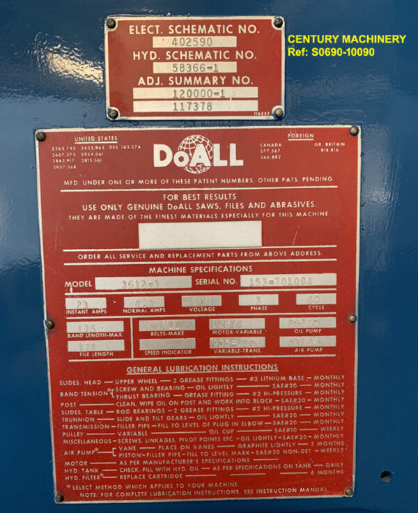 36 inch Doall #3612-3 Vertical Band Saw, Ht under Guide 13 inch, Vari Speed 25-6,000 fpm, Power Feed Tilting Table, 3 hp, Sn153-701094, Ref 10090-13, ID Tag