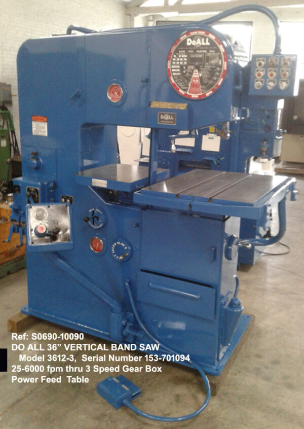 36 inch Doall #3612-3 Vertical Band Saw, Ht under Guide 13 inch, Vari Speed 25-6,000 fpm, Power Feed Tilting Table, 3 hp, Sn153-701094, Ref 10090-2, Front view