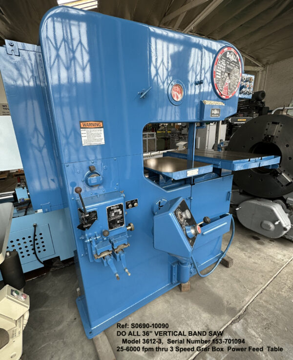 36 inch Doall #3612-3 Vertical Band Saw, Ht under Guide 13 inch, Vari Speed 25-6,000 fpm, Power Feed Tilting Table, 3 hp, Sn153-701094, Ref 10090-3, Left side to Front view