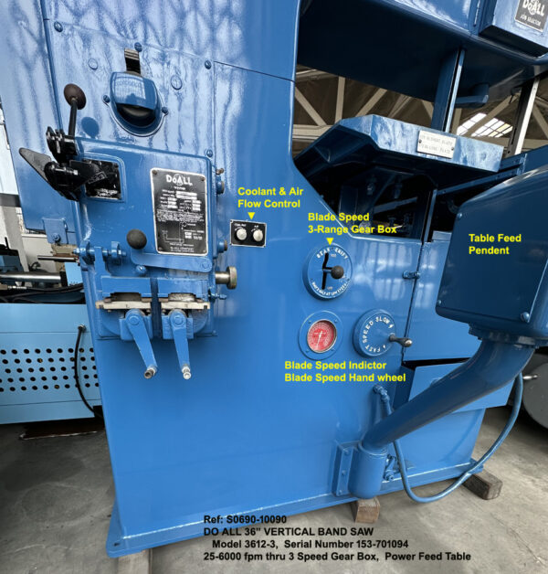 36 inch Doall #3612-3 Vertical Band Saw, Ht under Guide 13 inch, Vari Speed 25-6,000 fpm, Power Feed Tilting Table, 3 hp, Sn153-701094, Ref 10090-4, Over-all controls and Blade Welder