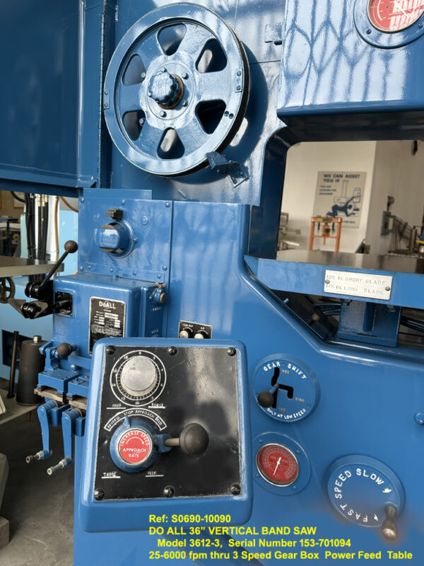 36 inch Doall #3612-3 Vertical Band Saw, Ht under Guide 13 inch, Vari Speed 25-6,000 fpm, Power Feed Tilting Table, 3 hp, Sn153-701094, Ref 10090-7, Table Power Feed Controls