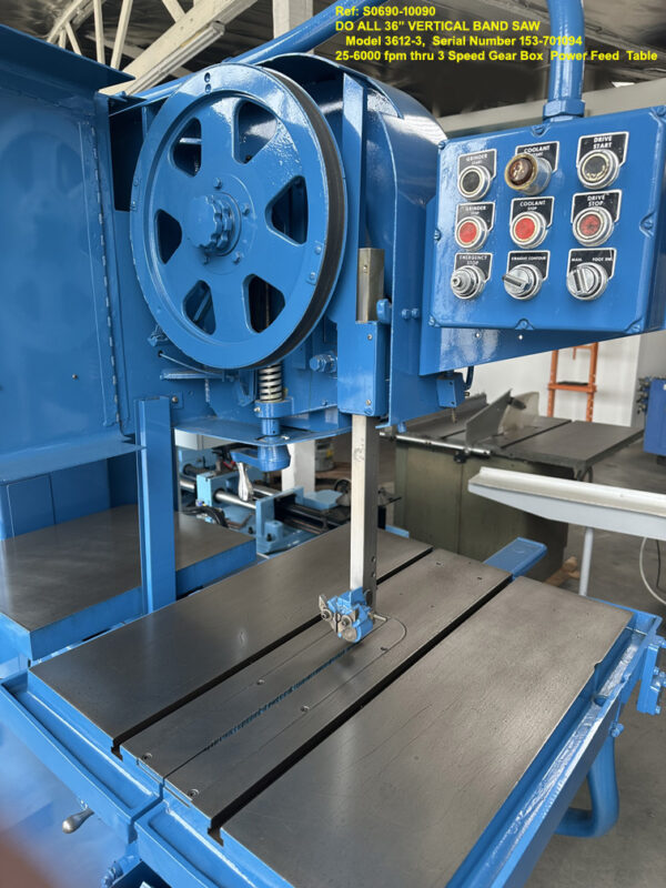 36 inch Doall #3612-3 Vertical Band Saw, Ht under Guide 13 inch, Vari Speed 25-6,000 fpm, Power Feed Tilting Table, 3 hp, Sn153-701094, Ref 10090-9, Pendent Control an Upper Band Wheel