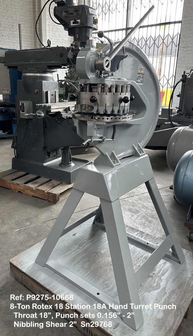 8-Ton Rotex 18 Station Model 18AK Hand Turret Punch, Throat 18 inch, Punch sets 0.1562 inch thru 2 inch Nibbling Shear 2 inch, Sn13693, Reference 10668-1 Front to Right Side view