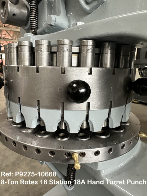 8-Ton Rotex 18 Station Model 18AK Hand Turret Punch, Throat 18 inch, Punch sets 0.1562 inch thru 2 inch Nibbling Shear 2 inch, Sn13693, Reference 10668-10, Close up Punch Stations