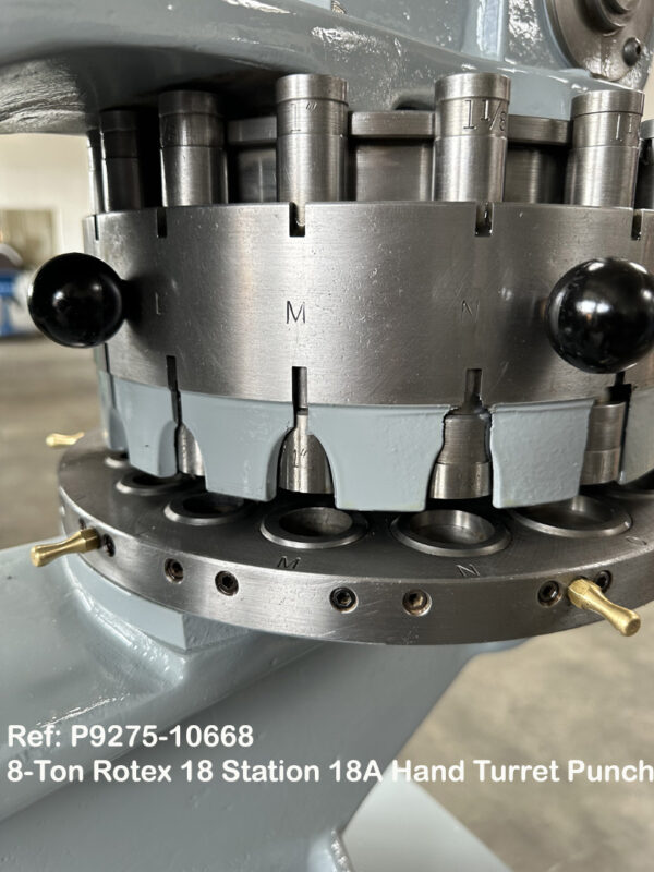 8-Ton Rotex 18 Station Model 18AK Hand Turret Punch, Throat 18 inch, Punch sets 0.1562 inch thru 2 inch Nibbling Shear 2 inch, Sn13693, Reference 10668-11, Close up Punch Stations