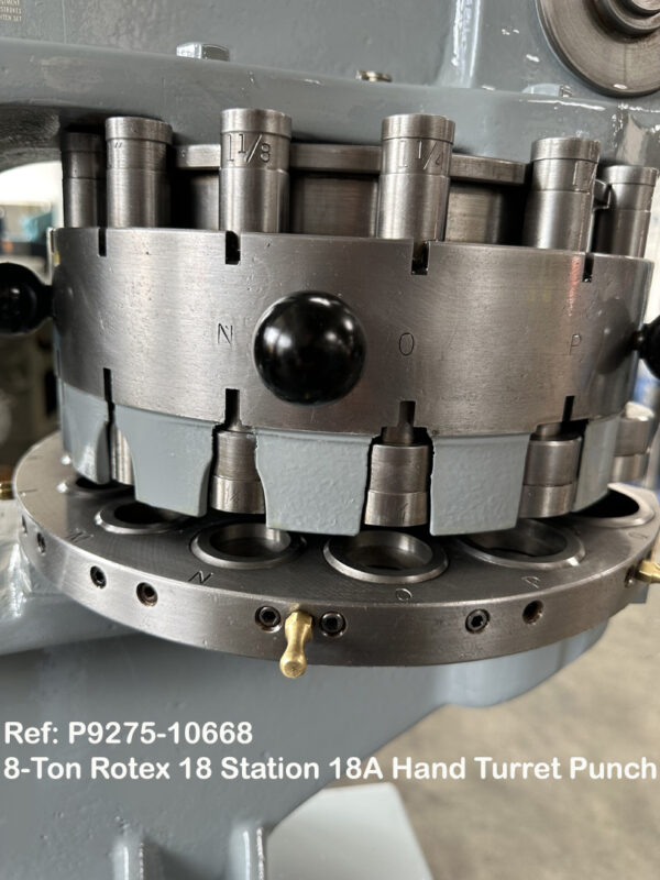 8-Ton Rotex 18 Station Model 18AK Hand Turret Punch, Throat 18 inch, Punch sets 0.1562 inch thru 2 inch Nibbling Shear 2 inch, Sn13693, Reference 10668-12, Close up Punch Stations