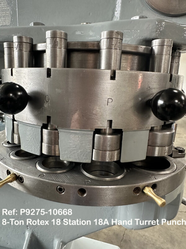 8-Ton Rotex 18 Station Model 18AK Hand Turret Punch, Throat 18 inch, Punch sets 0.1562 inch thru 2 inch Nibbling Shear 2 inch, Sn13693, Reference 10668-13, Close up Punch Stations