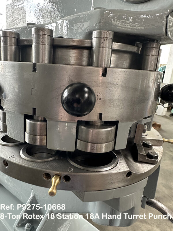 8-Ton Rotex 18 Station Model 18AK Hand Turret Punch, Throat 18 inch, Punch sets 0.1562 inch thru 2 inch Nibbling Shear 2 inch, Sn13693, Reference 10668-14, Close up Punch Stations and Shear Station