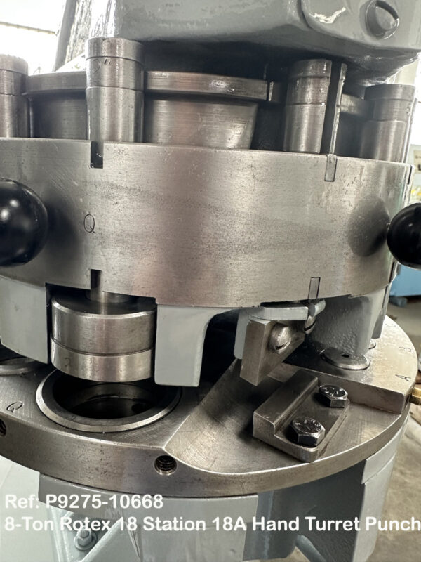 8-Ton Rotex 18 Station Model 18AK Hand Turret Punch, Throat 18 inch, Punch sets 0.1562 inch thru 2 inch Nibbling Shear 2 inch, Sn13693, Reference 10668-15, Close up Punch Station and Shear Station