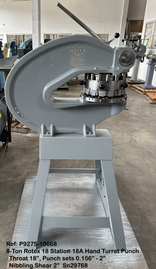 8-Ton Rotex 18 Station Model 18AK Hand Turret Punch, Throat 18 inch, Punch sets 0.1562 inch thru 2 inch Nibbling Shear 2 inch, Sn13693, Reference 10668-3, Left side view
