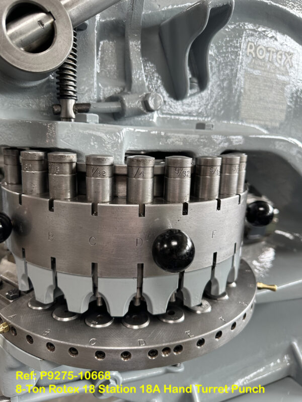 8-Ton Rotex 18 Station Model 18AK Hand Turret Punch, Throat 18 inch, Punch sets 0.1562 inch thru 2 inch Nibbling Shear 2 inch, Sn13693, Reference 10668-8, Close up Punch Stations