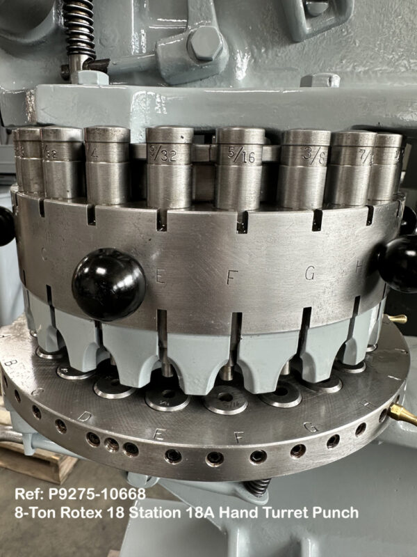 8-Ton Rotex 18 Station Model 18AK Hand Turret Punch, Throat 18 inch, Punch sets 0.1562 inch thru 2 inch Nibbling Shear 2 inch, Sn13693, Reference 10668-9, Close up Punch Stations