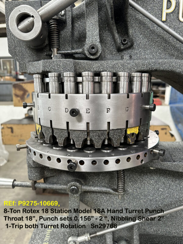 8-Ton Rotex 18 Stations Model 18A Hand Turret Punch, Throat 18 inch, Punch sets 0.1562 inch-2 inch, Nibbling Shear 2 inch, 1-Trip both Turret Rotation, Sn29768 10669-5, Punch Stations