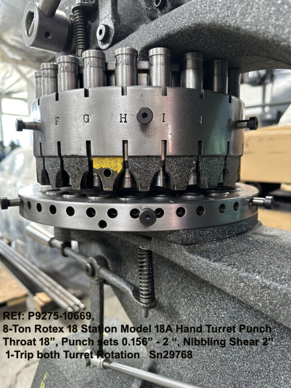 8-Ton Rotex 18 Stations Model 18A Hand Turret Punch, Throat 18 inch, Punch sets 0.1562 inch-2 inch, Nibbling Shear 2 inch, 1-Trip both Turret Rotation, Sn29768 10669-6, Punch Stations