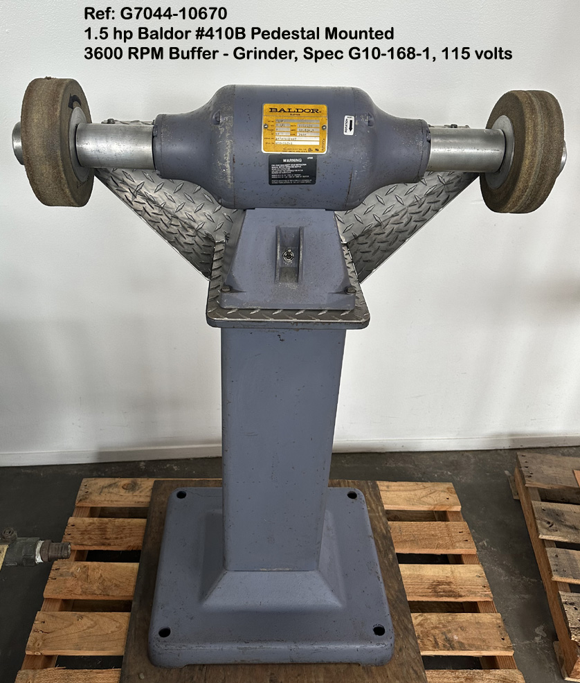 1.5 hp Baldor Reliance #410B Pedestal Mounted 3600 RPM Buffer - Grinder, Spec G10-168-1, 115v Sn X0909147007, Ref 10670-1 Front view