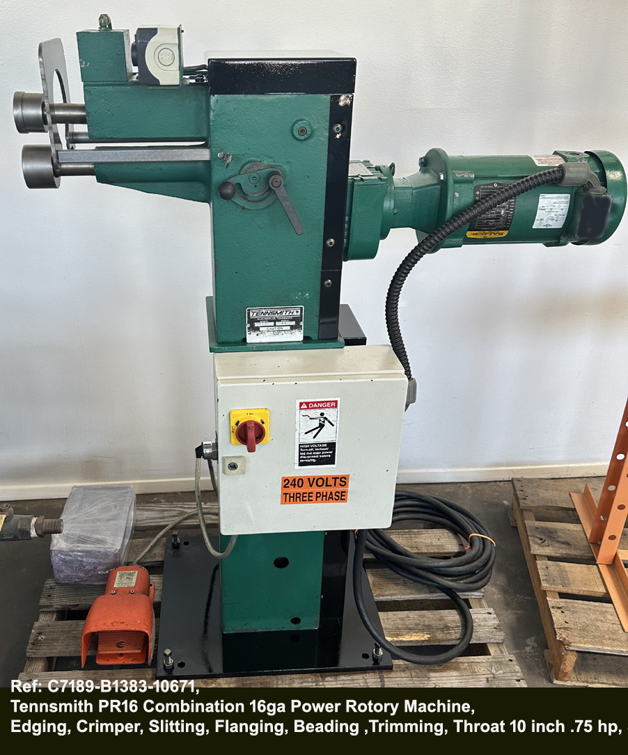 Tennsmith PR16 Combination 16ga Power Rotory Machine,Edging, Crimper,Slitting, Flanging, Beading ,Trimming, throat 10 in, .75 hp, Sn 04906, Ref 1671-1, Right side view