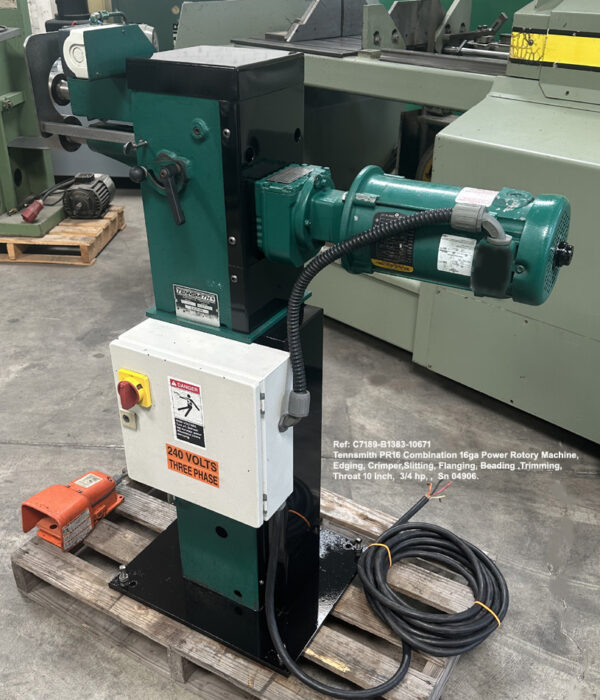 Tennsmith PR16 Combination 16ga Power Rotory Machine,Edging, Crimper,Slitting, Flanging, Beading ,Trimming, throat 10 in, .75 hp, Sn 04906, Ref 10671-4, Right side to Rear view