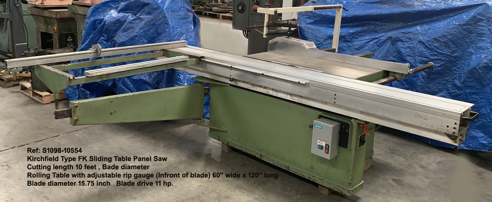 10' Kirchfield FK Sliding Table Panel Saw - Cutting length 10 feet - Blade 15.75" diameter - Drive 11 hp, Serial Number 9564, Reference S1098-10554-1