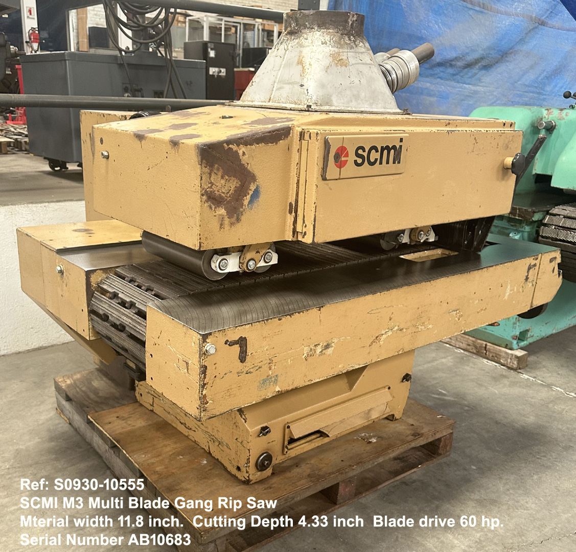 SCMI M3 Multi Blade Gang Rip Saw, Width 11.8 inch Depth 4.33 inch, Minimu board length 18 inch, Blade drive 60 hp Sn AB10683., view Left end to front. Ref 10555-1