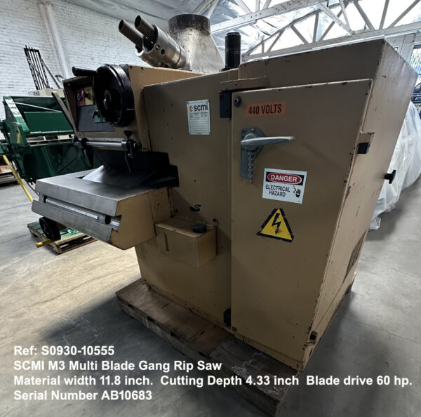 SCMI M3 Multi Blade Gang Rip Saw, Width 11.8 inch Depth 4.33 inch, Minimu board length 18 inch, Blade drive 60 hp Sn AB10683., view Feed in to rear. Ref 10555-7