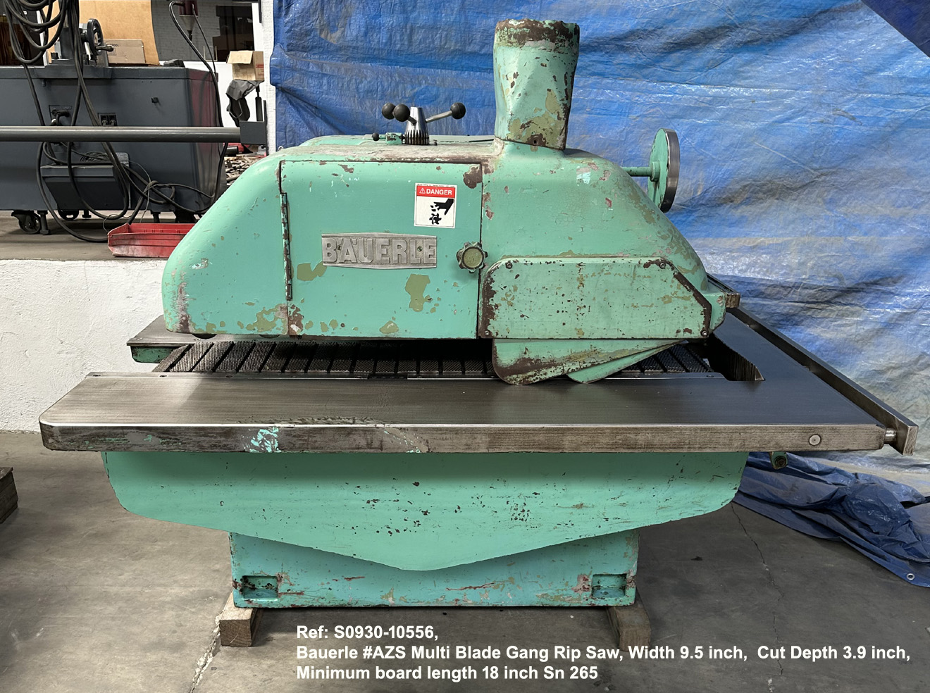 Bauerle #AZS Multi Blade Gang Rip Saw, Width 9.5 inch Depth 3.9 inch, Min board length 18 inch, Digital Contrtols, Sn 265, view Front, Ref 10556-1