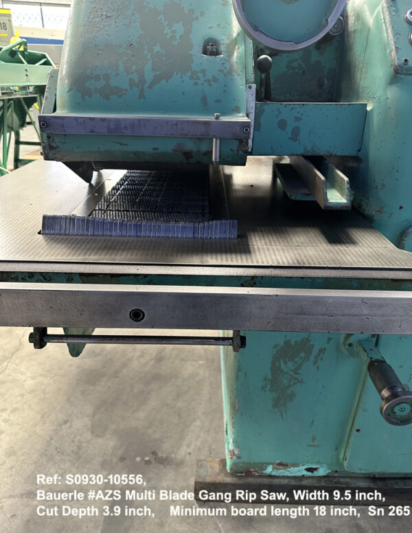 Bauerle #AZS Multi Blade Gang Rip Saw, Width 9.5 inch Depth 3.9 inch, Min board length 18 inch, Digital Contrtols, Sn 265, view Close-up Infeed end, Ref 10556-5